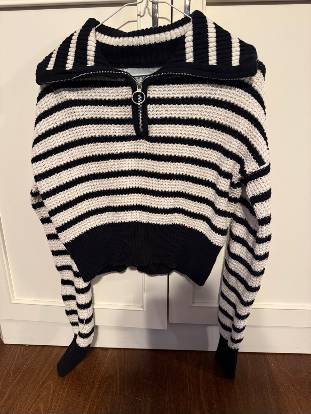 Pink Rose Black & White Striped Half-Zip Cropped Sweater